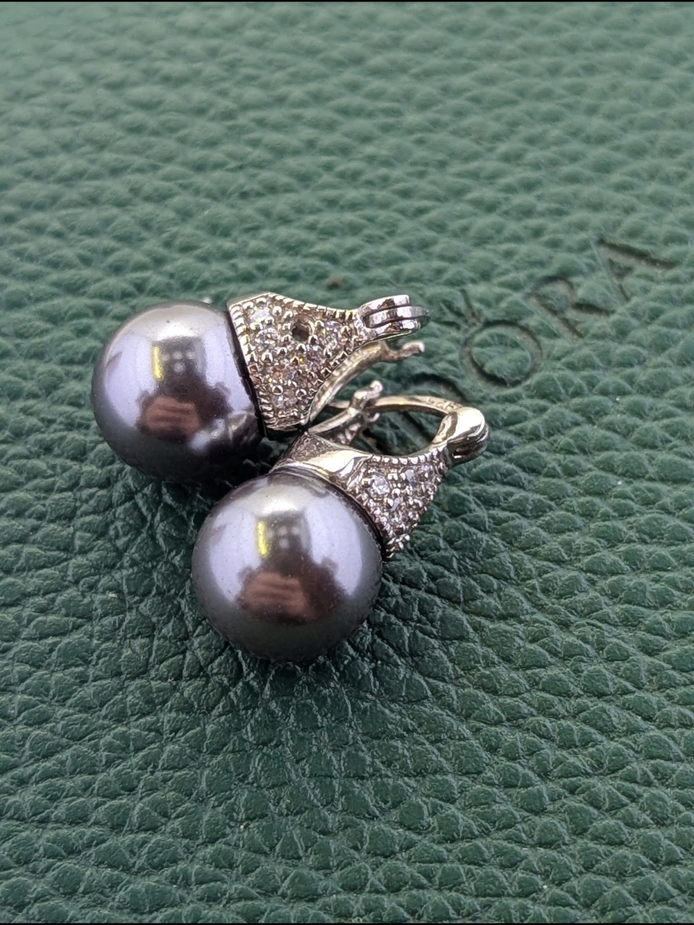 ✨ Sterling Silver S925 Dark Grey Pearl & Pavé Leverback Drop Earrings ✨